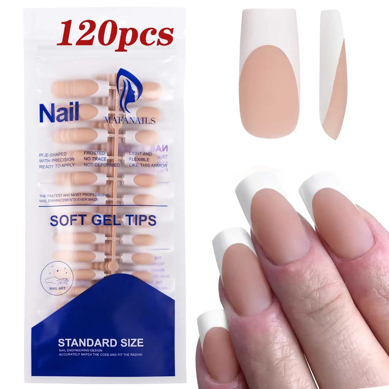 Matte white French gel nail tips, medium almond shape, nude color — image 8