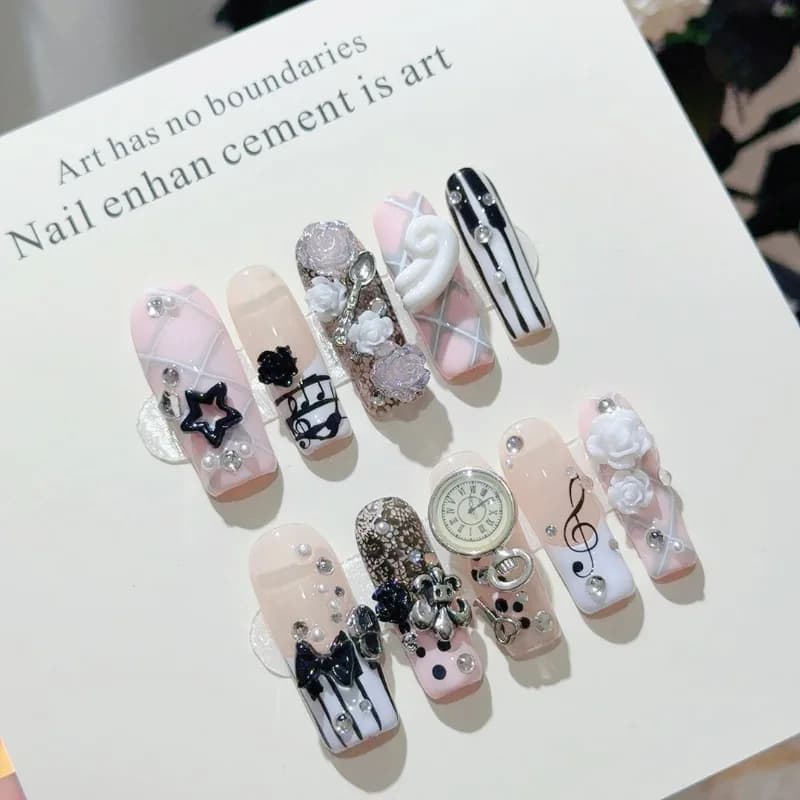 handmade retro gyaru french press-on nails with 3d rose bow — image 4