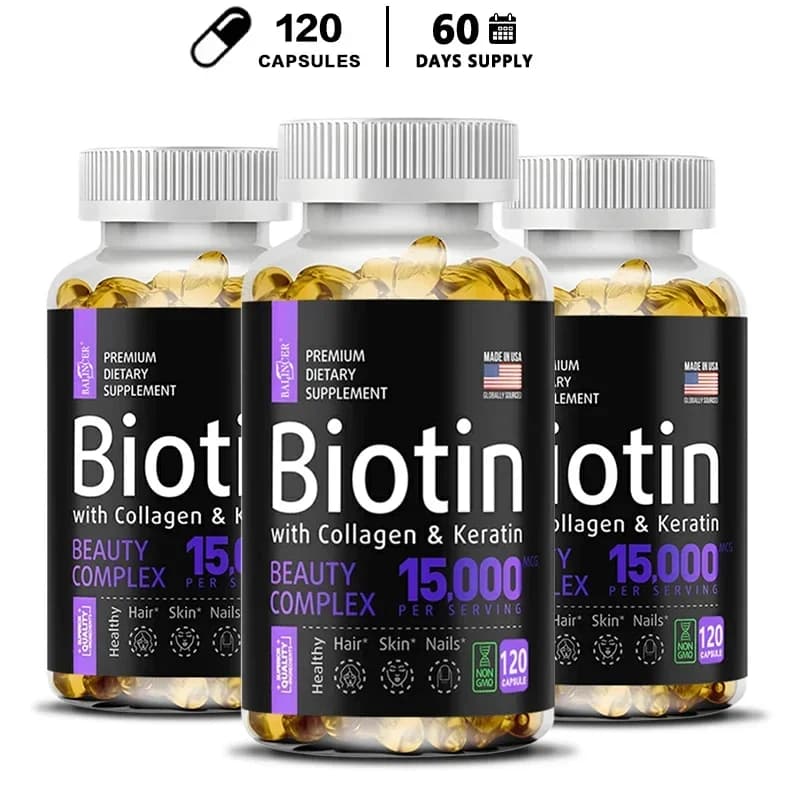 bottle of biotin 15000 mcg with collagen and keratin capsules — image 7