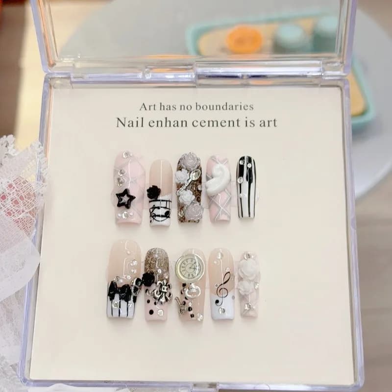 handmade retro gyaru french press-on nails with 3d rose bow — image 6