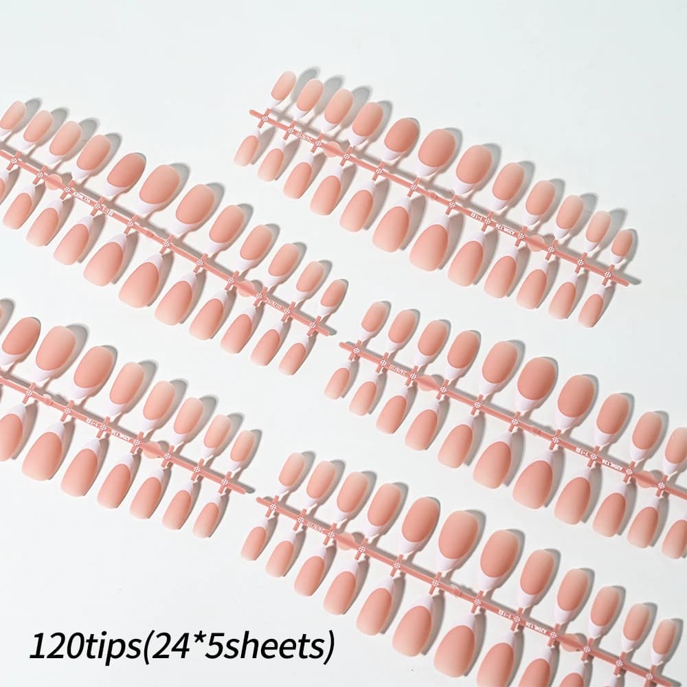 Matte white French gel nail tips, medium almond shape, nude color — image 3