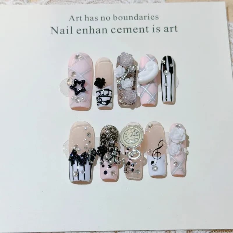 handmade retro gyaru french press-on nails with 3d rose bow — image 5
