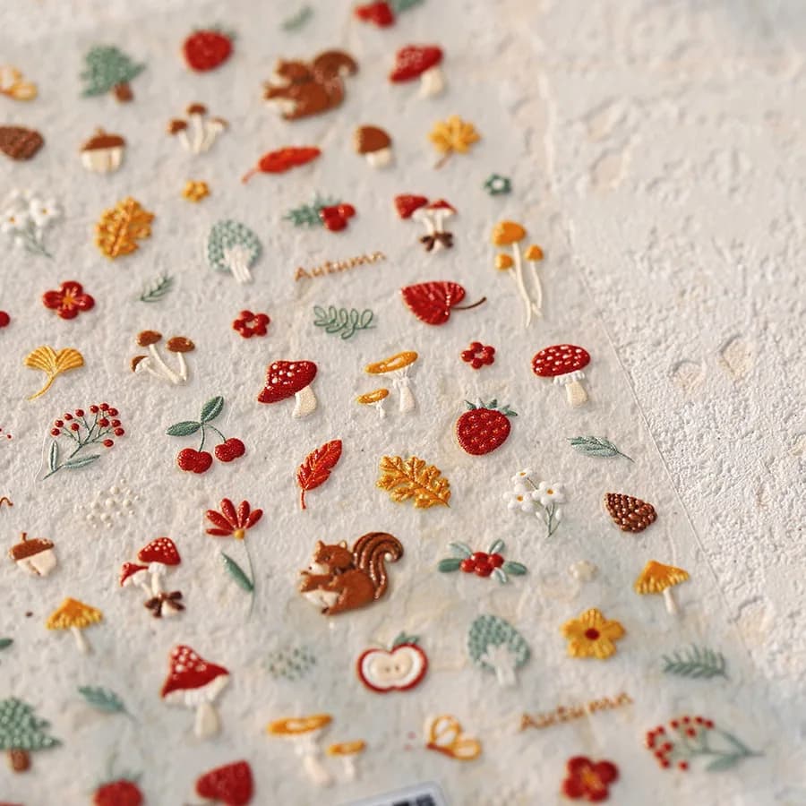 self adhesive nail art stickers with mushroom, apple, strawberry, cherry, pinecone and ginkgo leaf designs — image 6