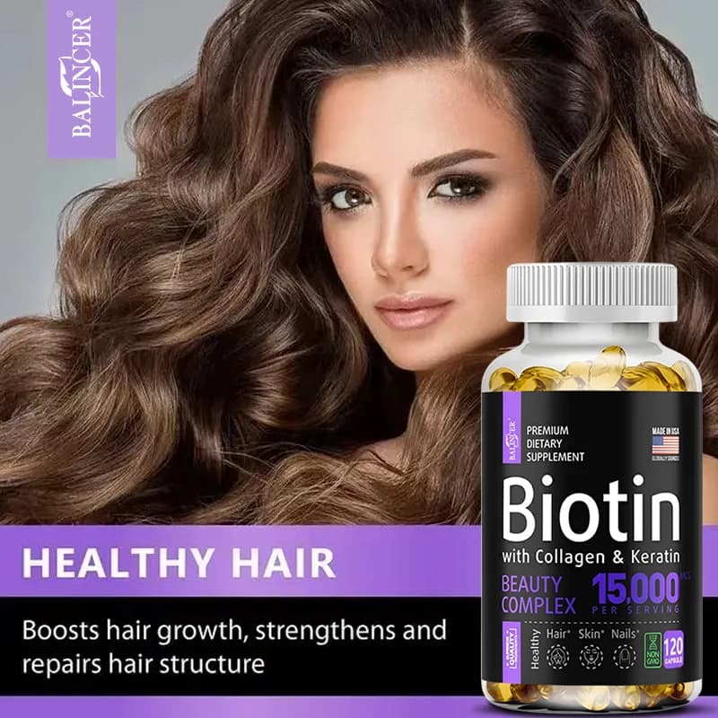 bottle of biotin 15000 mcg with collagen and keratin capsules — image 3