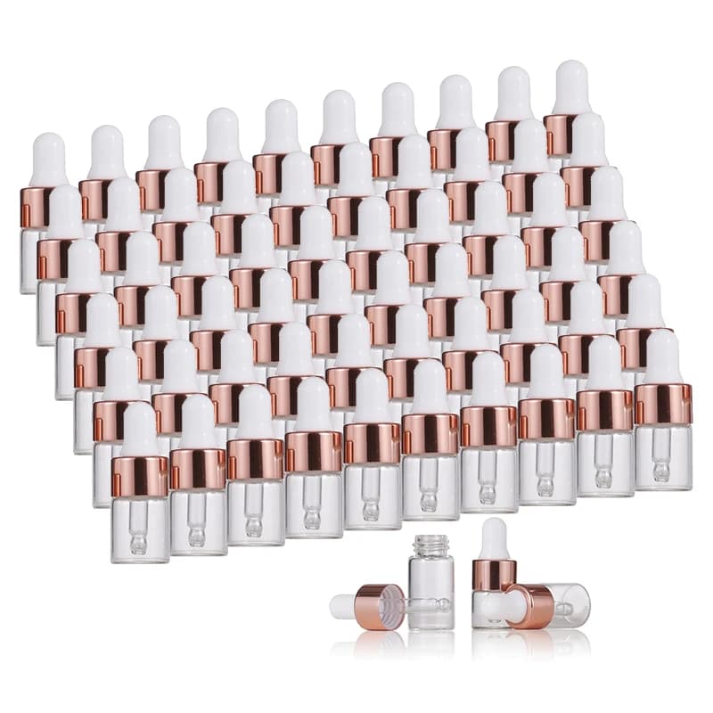 Mini Glass Dropper Bottles – 10 Pack, 1‑5 ml with Rose Gold Caps