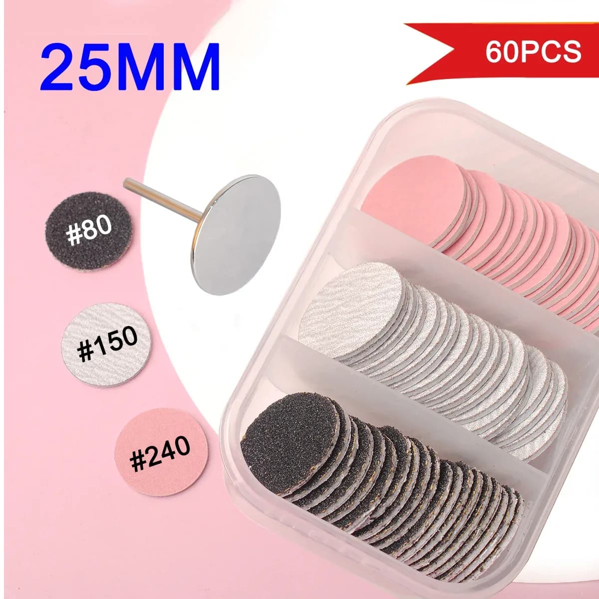 Replaceable Pedicure Sanding Paper with Metal Disk, 25 mm, Pink – 60 pcs