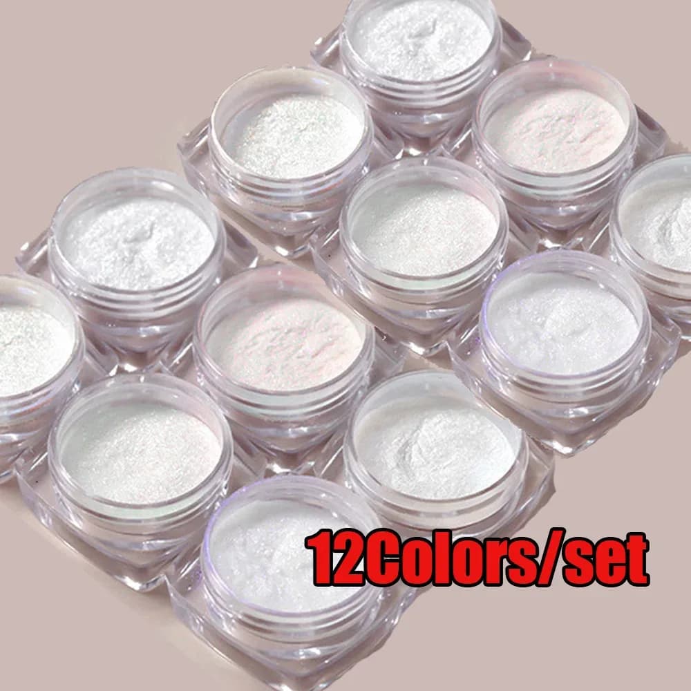 Aurora White Nail Mirror Powder – 12‑piece set, 0.3 g jars