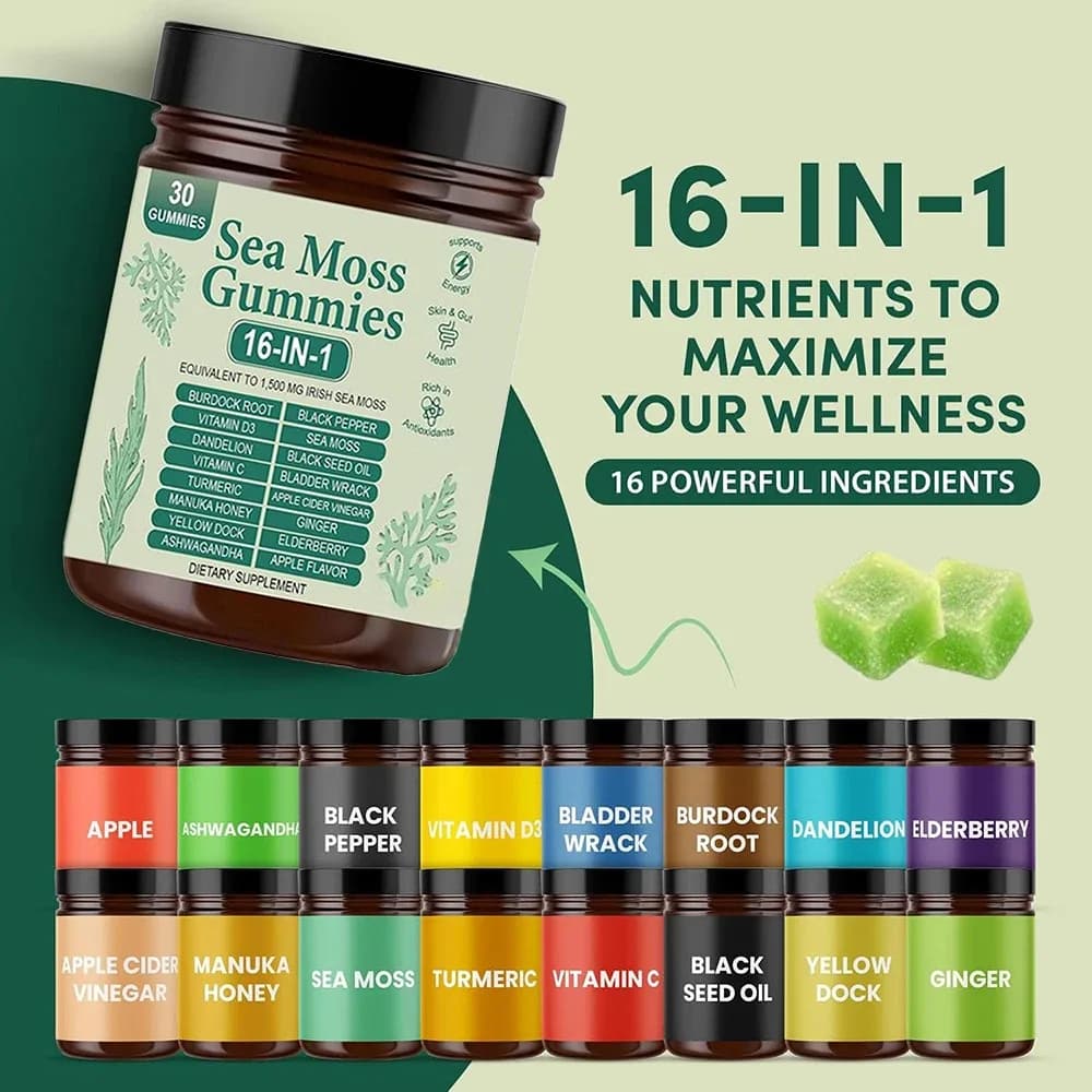 Sea Moss Gummies with Ashwagandha, Black Seed Oil, Turmeric, Vitamin C & D3, Man