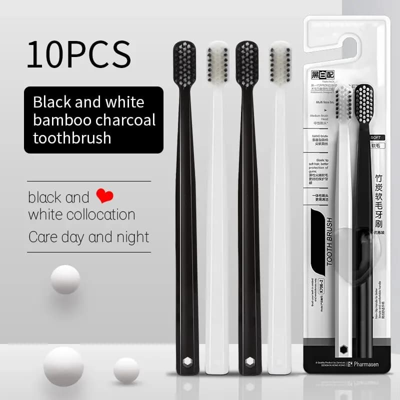 Bamboo Charcoal Toothbrush Set – 10 Soft Silk Bristle Brushes