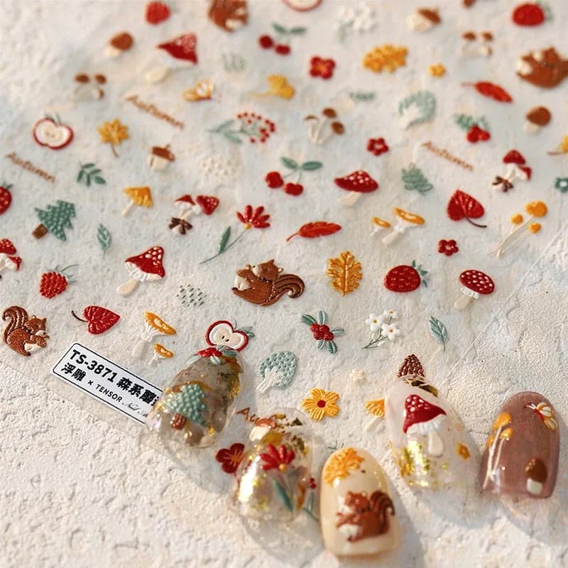 Self‑Adhesive Nail Art Stickers – Mushroom, Apple, Strawberry, Cherry, Pinecone,