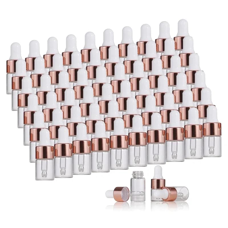 Mini Glass Dropper Bottles – 10 Pack, 1‑5 ml with Rose Gold Caps