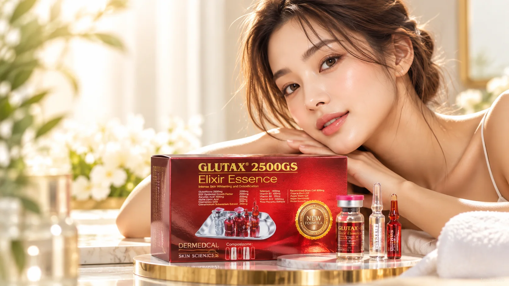 Woman with a Glutax 2500GS Elixir Essence box